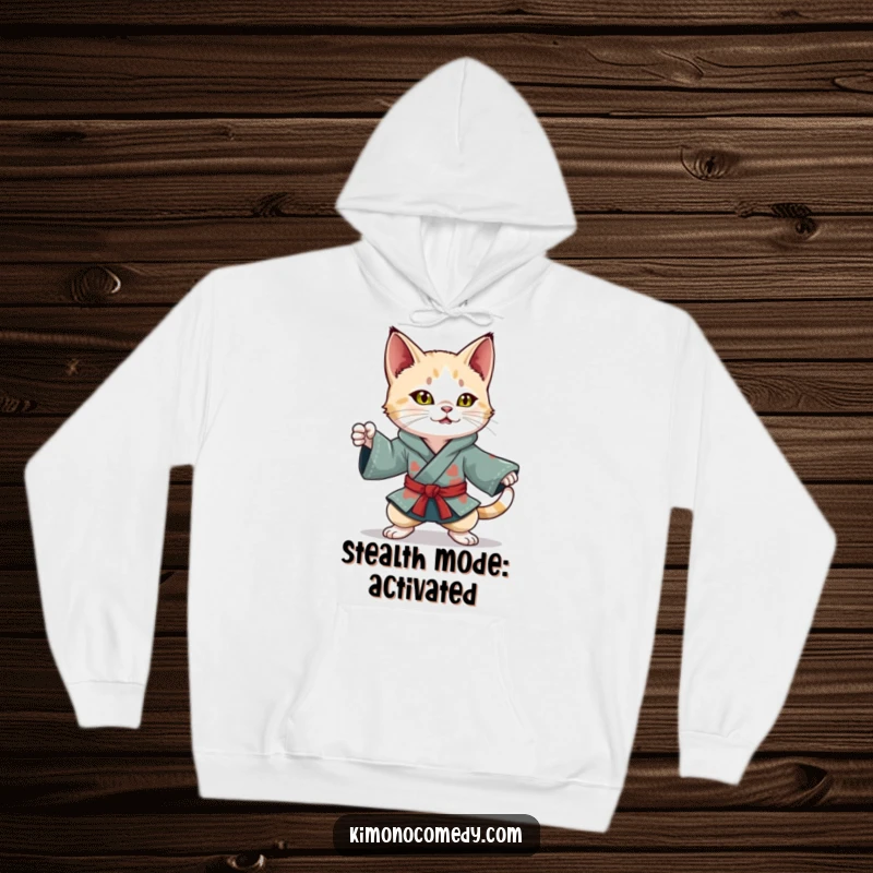 Funny Kawaii Cat Hoodie: Playful character in a colorful kimono, striking a dynamic ninja pose, offering warm comfort with ninja flair.