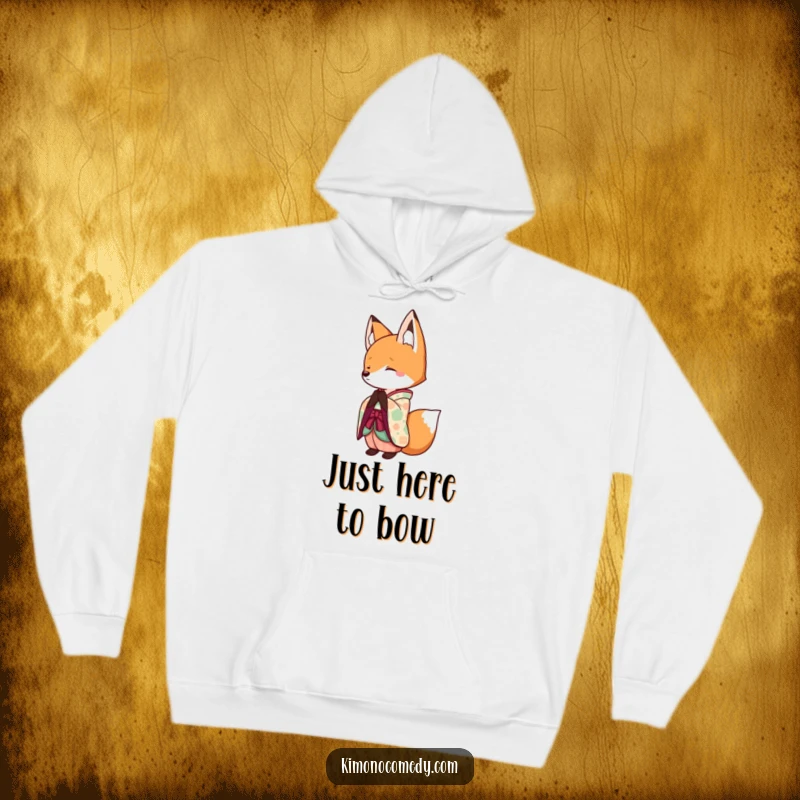 Funny Kawaii Fox Hoodie: A cozy hoodie showcasing a polite fox in a colorful kimono, bowing with a smile, a humorous present.