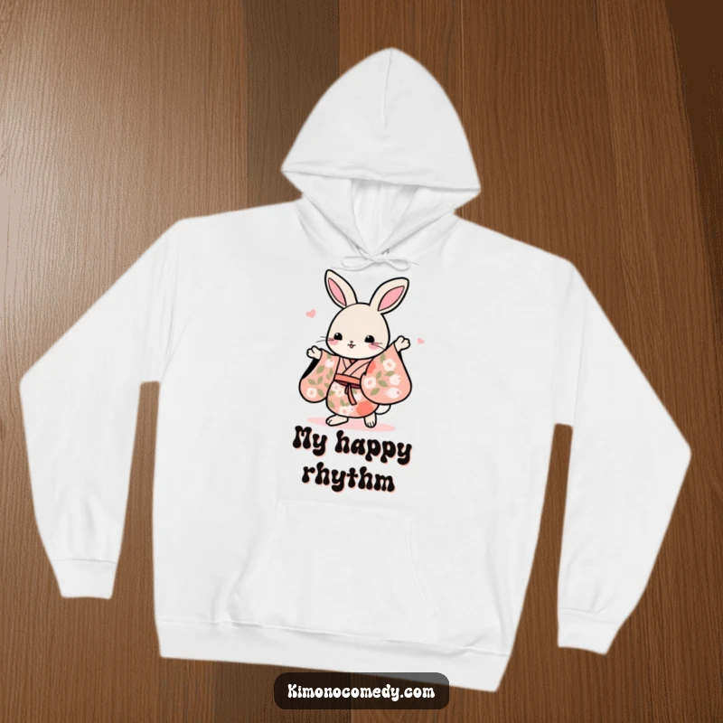Funny Kawaii rabbit in a floral kimono, dancing with grace, making this hoodie warm and joyfully humorous.