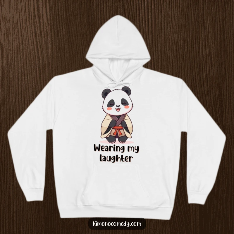 Funny hooded sweatshirt featuring a dignified panda in a traditional kimono, sharing a hearty laugh, perfect for cozy, humorous moments.