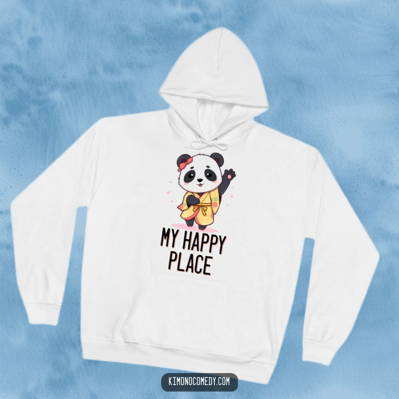 Funny Hoodie: A happy panda dons a colorful kimono and spins with joy, offering warmth and a dose of playful spirit.
