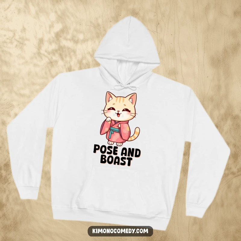 Funny Kawaii cat hoodie, depicts a cat in a vibrant kimono making a funny pose, comfortable and humorous feline clothing.