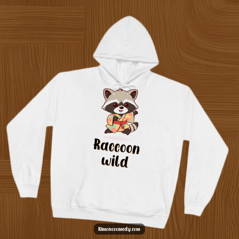 Funny raccoon hoodie showcasing a happy bandit in a stylish kimono, doing an energetic hop of pure delight.