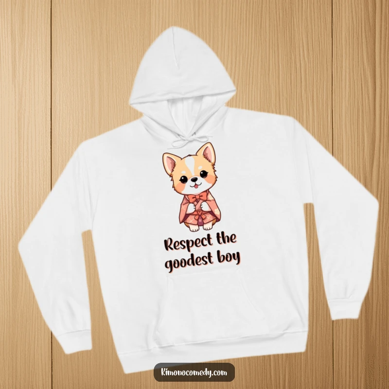 Funny dog in a detailed kimono, bowing respectfully, featured on a cozy hoodie for humorous and warm wear.