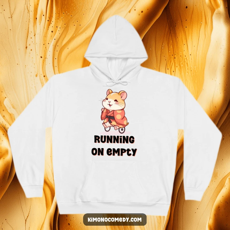 Funny Hamster Kimono Hoodie: An energetic hamster in a brightly colored kimono on a wheel, a humorous and cozy garment.