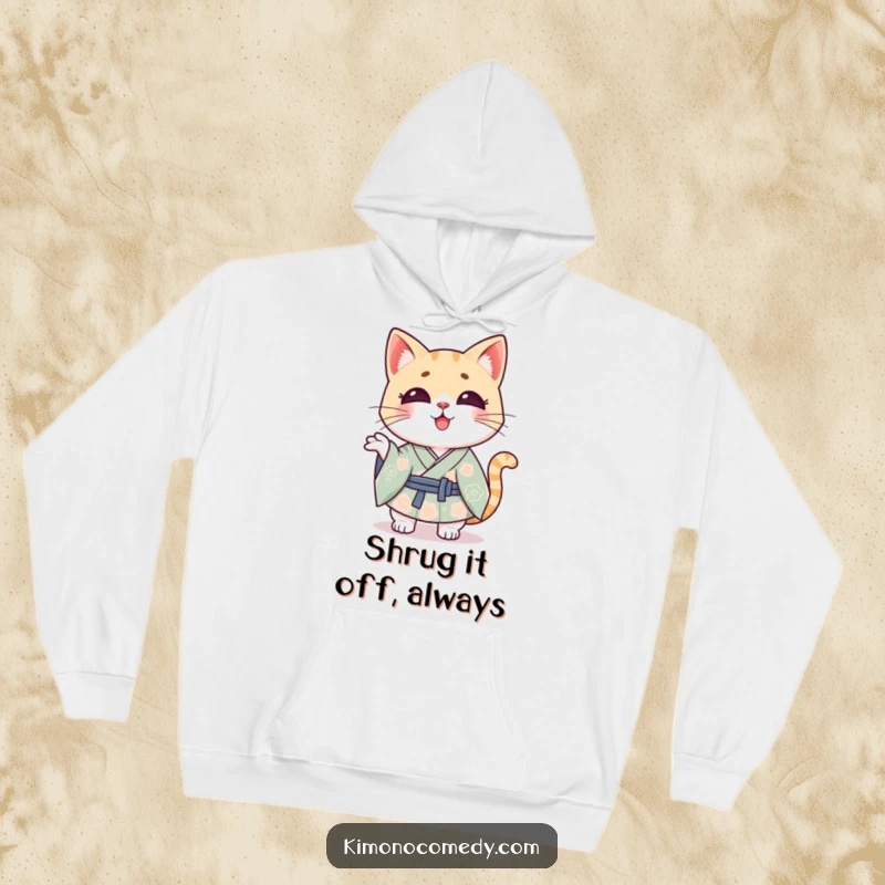 Funny Kawaii cat in a stylish kimono, shrugging with a playful expression, a cozy hoodie design for cat lovers.