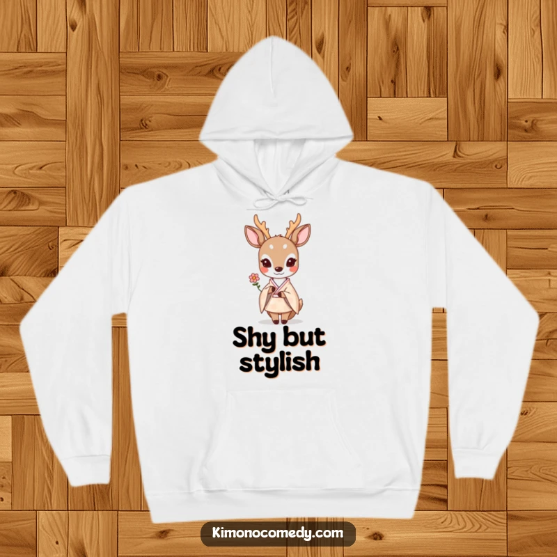Funny shy kawaii deer in a pastel kimono, offering a small flower gently, on a warm hoodie.