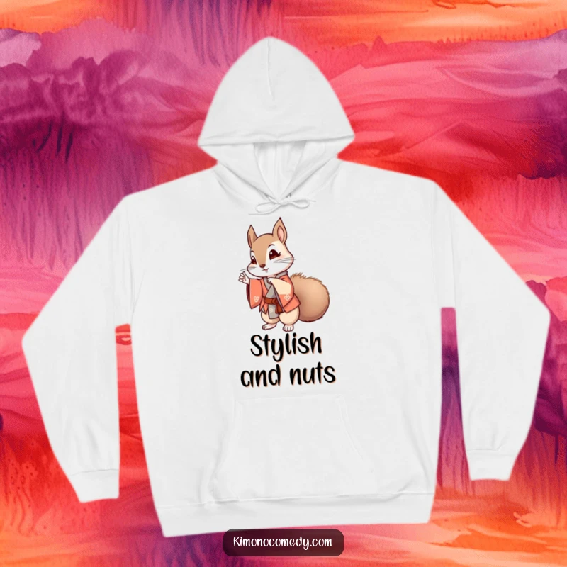 Funny kawaii squirrel in a stylish kimono striking a pose on a cozy hoodie, offering warmth and humorous anime appeal.
