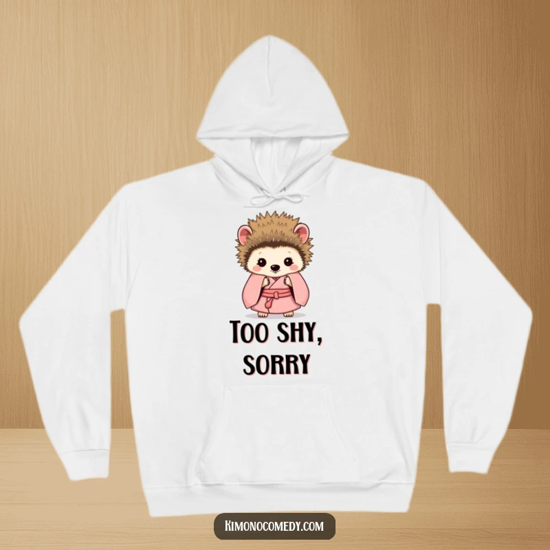 Funny Hedgehog Kimono Hoodie: A shy hedgehog wearing a kimono, hiding its face with its quills, offering a humorous, cozy embrace.