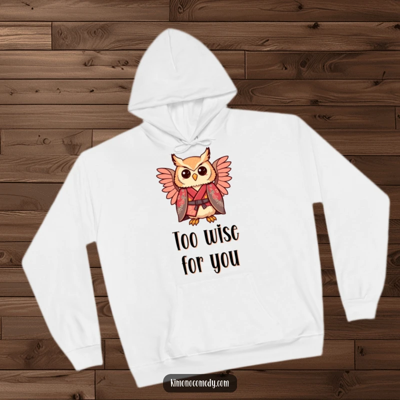Funny kawaii owl in a regal kimono, looking comically proud, warm and comfortable hoodie.