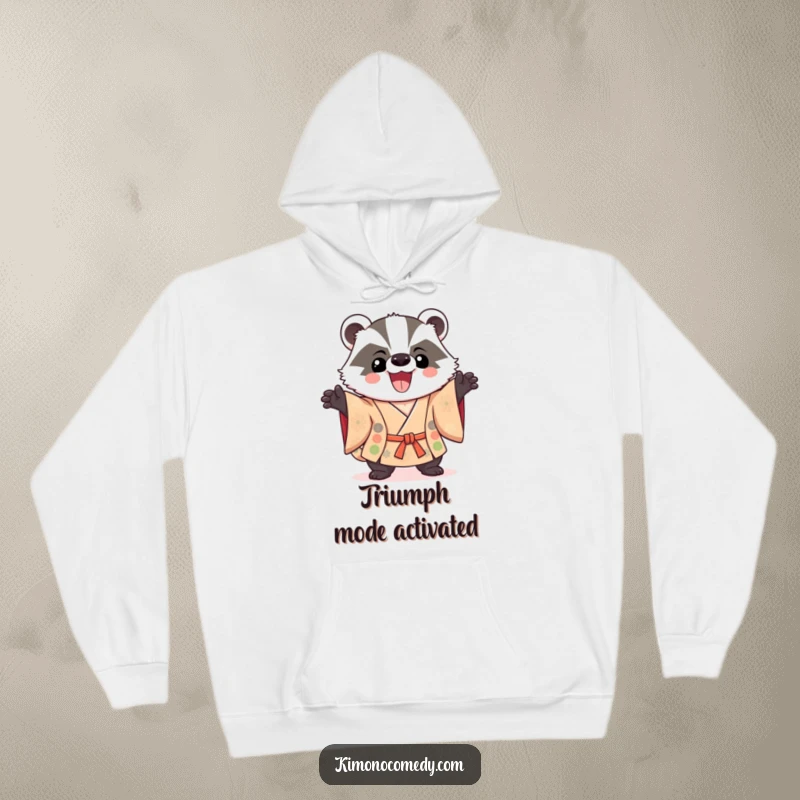 Funny Kawaii Badger Hoodie: A proud badger in a kimono strikes a heroic pose, ready to conquer any challenge with humor.