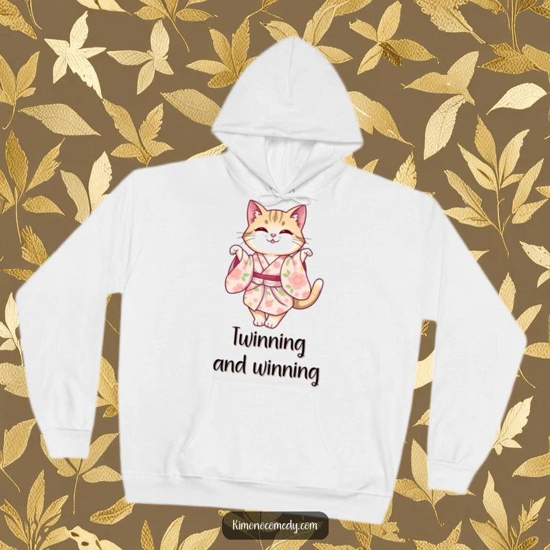 Funny cat in a floral kimono, elegantly twirling with poise. A warm and humorous hoodie design.