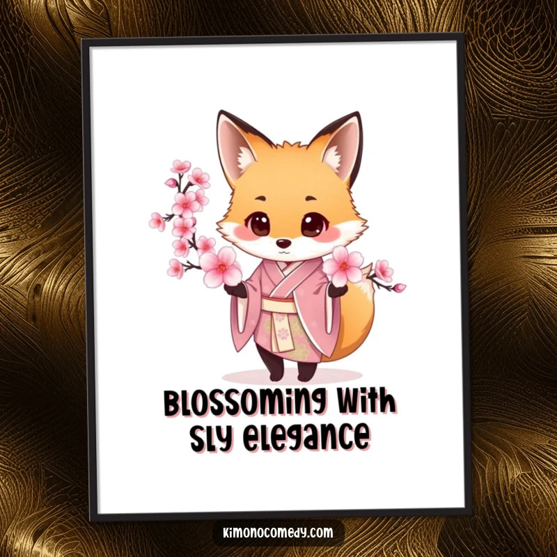 Funny Free Printable Wall Art: A sophisticated fox in a silk kimono offers a cherry blossom, adding refined beauty to any room.
