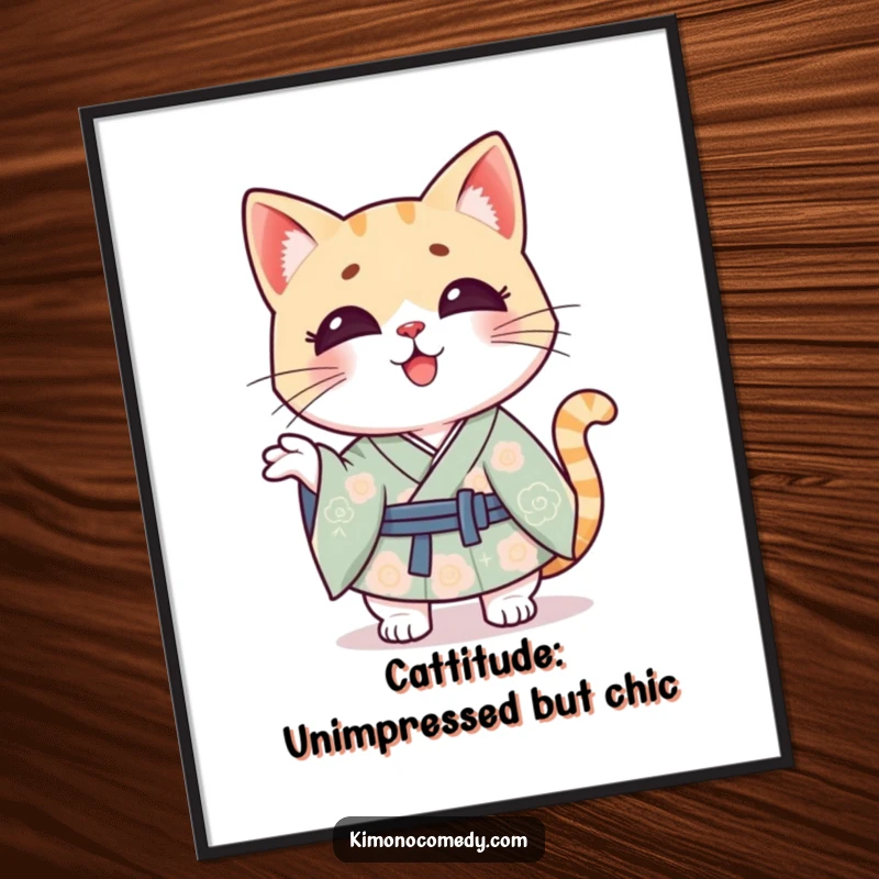 Funny Free Printable Wall Art: A Kawaii cat in a kimono shrugs playfully, showcasing its charmingly indifferent attitude.