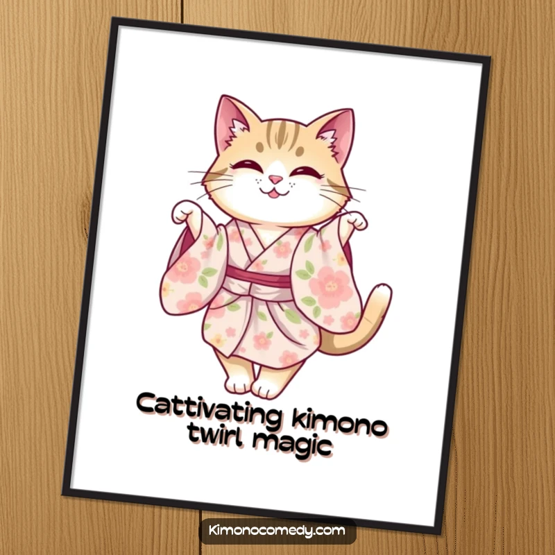 Funny Free Printable Wall Art: A cat adorned in a floral kimono gracefully twirls, embodying elegance and playful spirit.