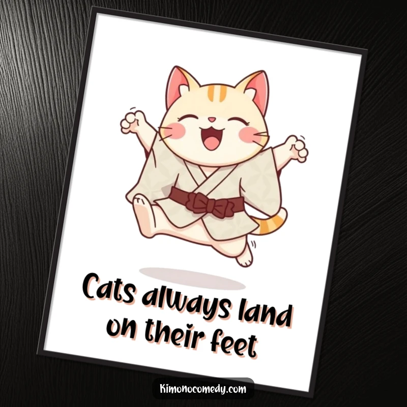 Free Printable Wall Art: A cheerful kawaii cat in a patterned kimono executes a graceful leaping pose.