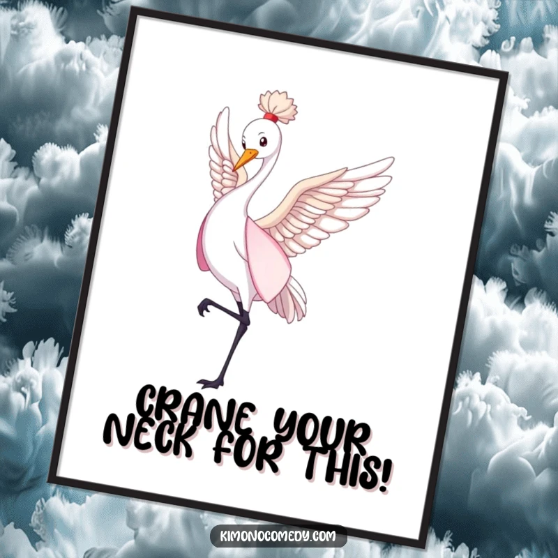 Funny Free Printable Wall Art: A graceful crane adorned in a flowing kimono performs a gentle, captivating dance.