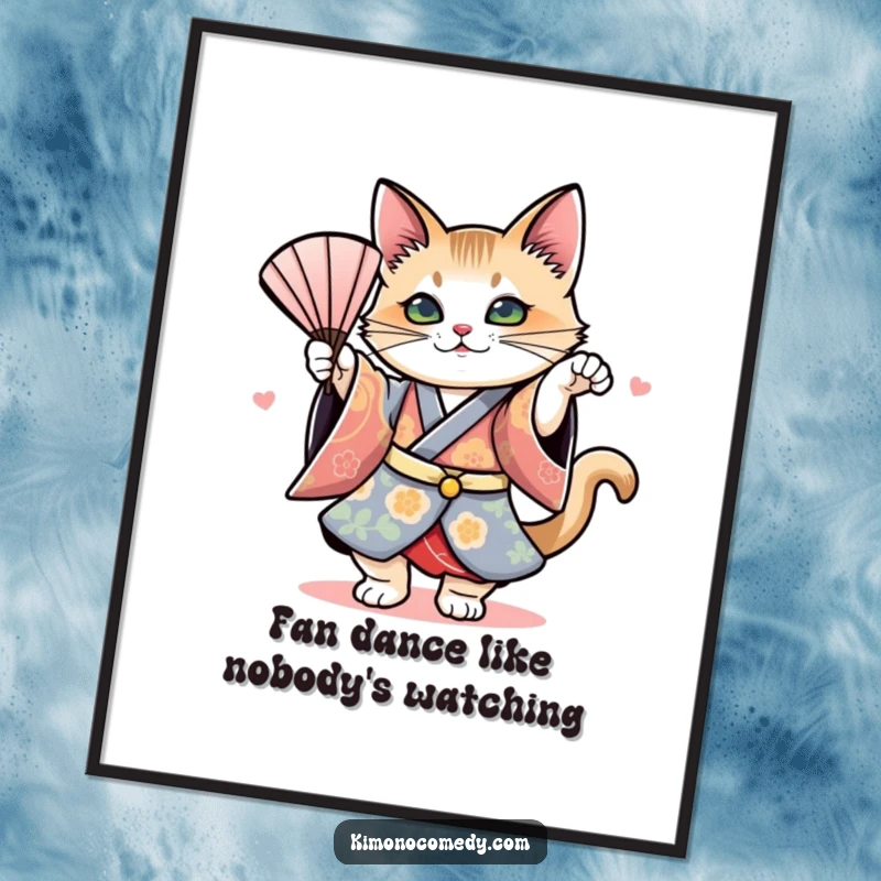 Funny Free Printable Wall Art: A cat in a colorful kimono performs a dramatic and stylish fan dance.