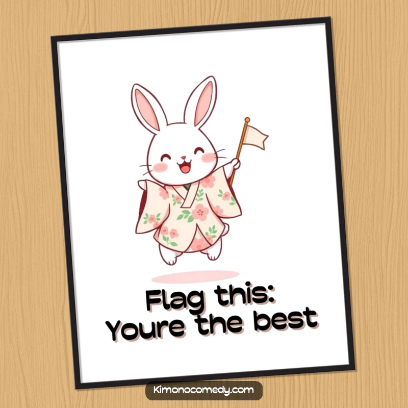 Funny Free Printable Wall Art: A rabbit in a floral kimono is excitedly hopping and waving a small flag.