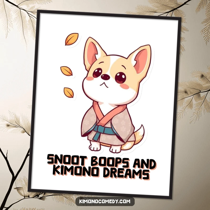 Funny Free Printable Wall Art: A dog in a patterned kimono is surprised by a falling leaf, ears perked.