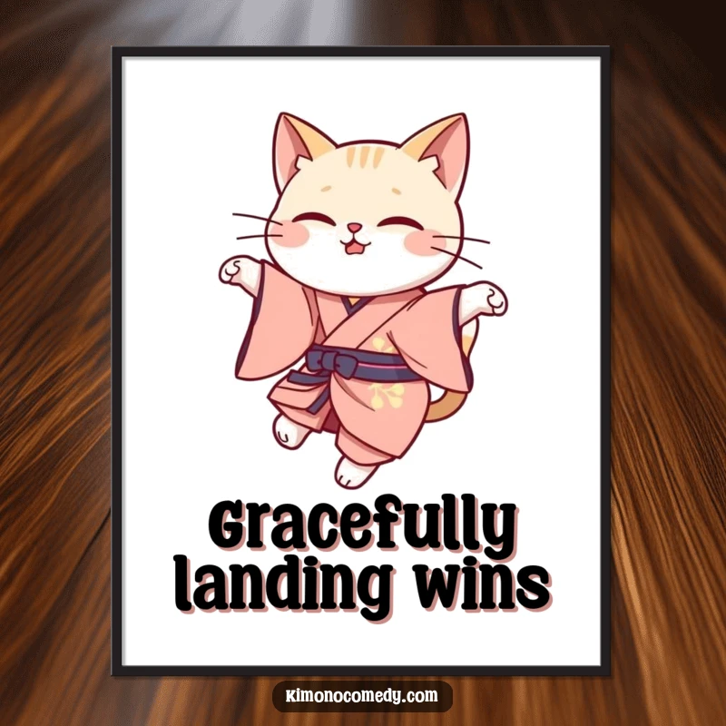 Funny Free Printable Wall Art: Kawaii cat in elegant kimono, captured mid-graceful leap, radiating poise and beauty.