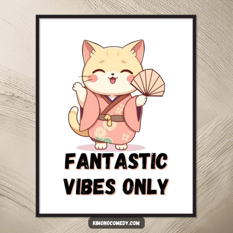Funny Free Printable Wall Art: Kawaii cat in a festive kimono, joyfully waving a fan with an energetic expression.