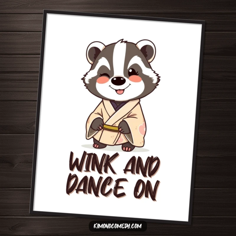 Funny Free Printable Wall Art of a smiling badger in a kimono, giving a mischievous wink, adding playful character.