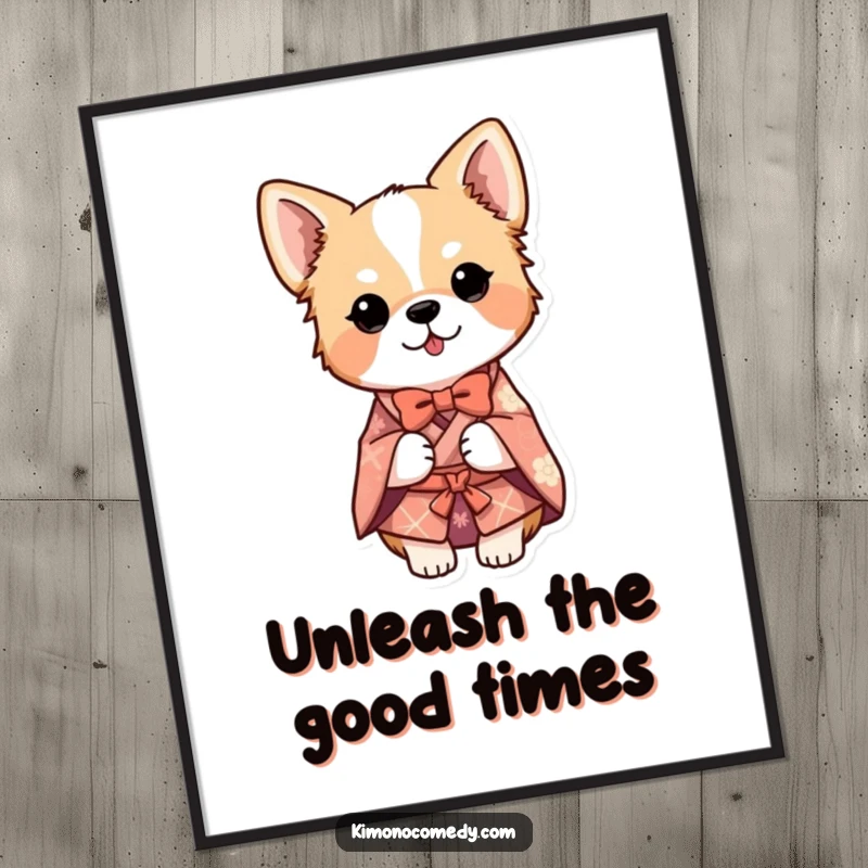 Funny Free Printable Wall Art of a dog in a detailed kimono, doing a humorous bow, adding character to decor.