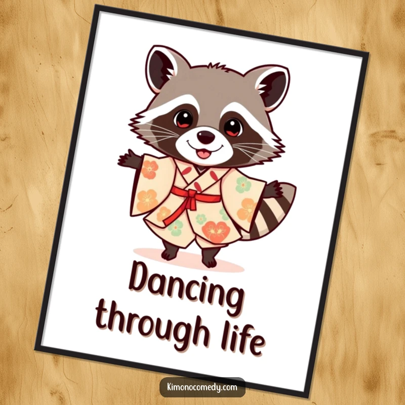 Funny Free Printable Wall Art of a cheerful raccoon in a festive kimono, dancing wildly, bringing vibrant energy.