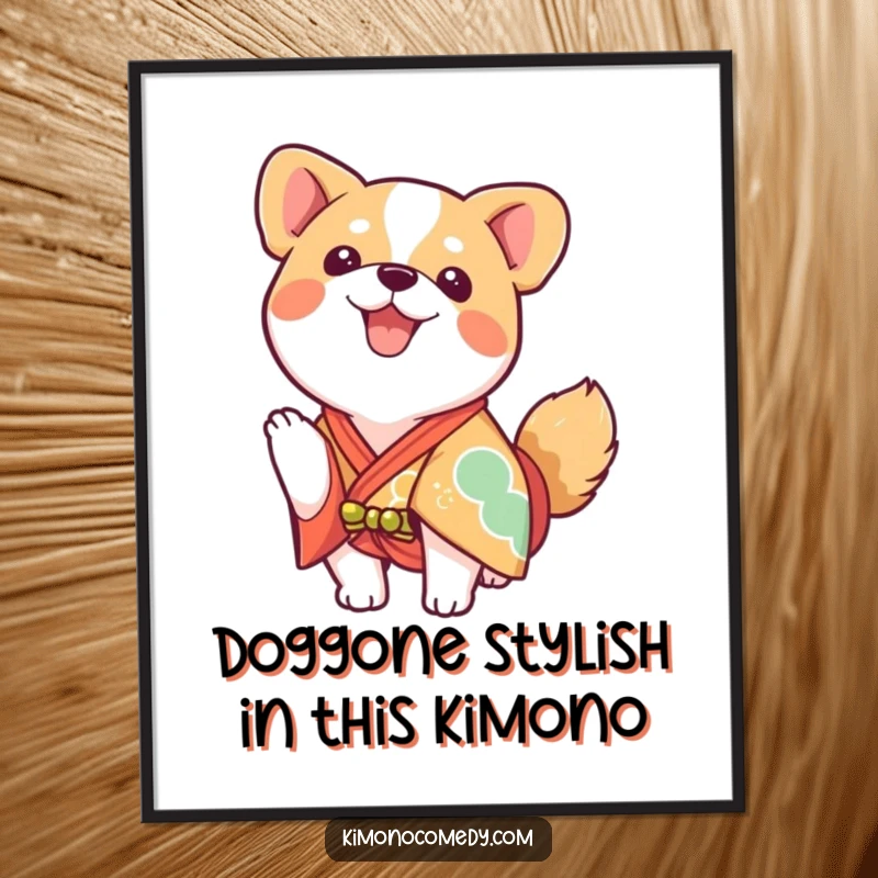 Funny Free Printable Wall Art: Enthusiastic kawaii dog in a bright kimono, wagging tail, bringing vibrant energy.