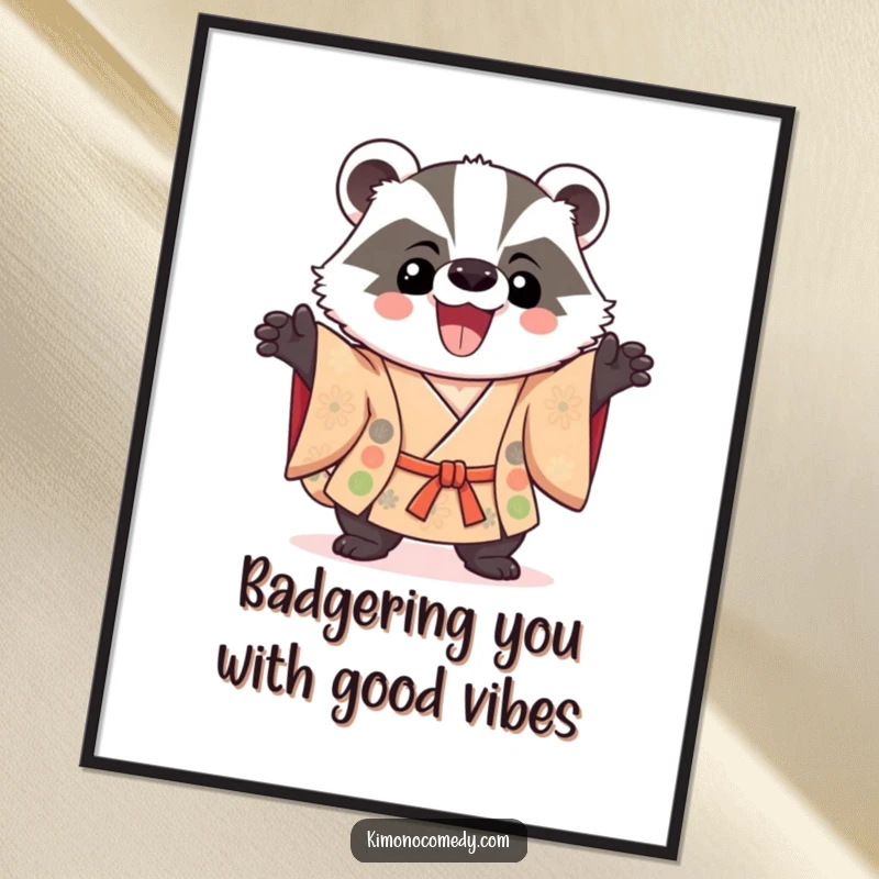 Funny Free Printable Wall Art: Delighted kawaii badger in a kimono striking a triumphant and proud pose.