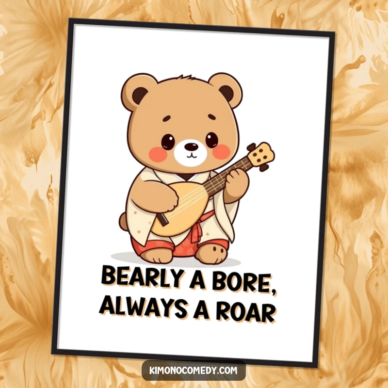 Funny free printable wall art of a cute Kawaii bear in a kimono enthusiastically playing a shamisen.