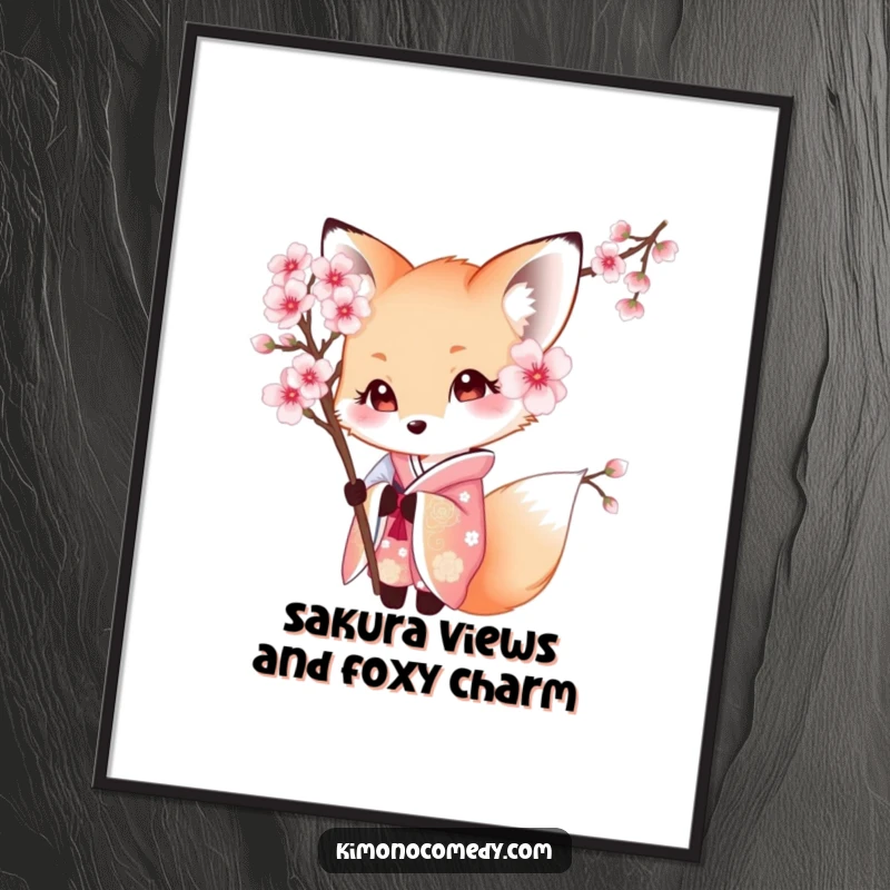 Free Printable Wall Art: Shy kawaii fox in a beautiful kimono peeking from behind a delicate cherry blossom.
