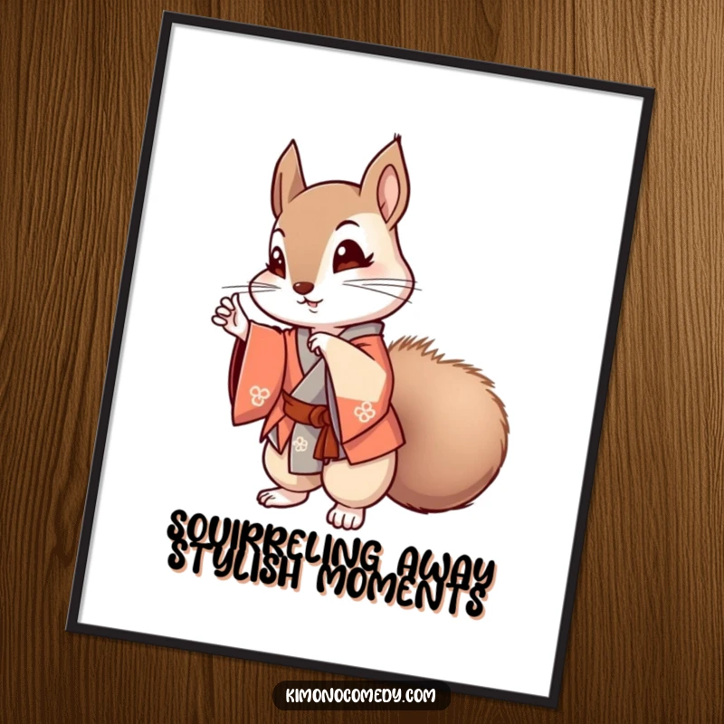 Funny free printable wall art of a cute Kawaii squirrel in a stylish kimono striking a confident pose.