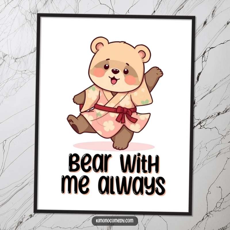 Funny Free Printable Wall Art: A playful bear cub in a vibrant kimono is caught mid-clumsy cartwheel.