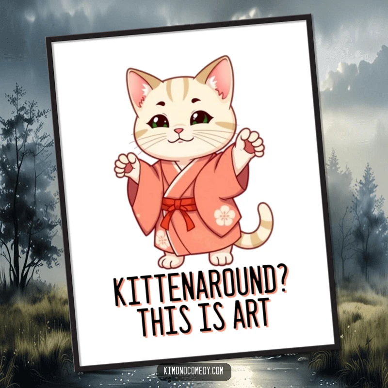 Funny Free Printable Wall Art: a sophisticated cat in an ornate kimono striking an iconic pose.