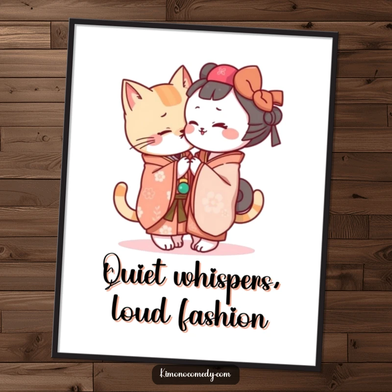 Funny Free Printable Wall Art: A charming Kawaii cat in an elegant kimono shares a funny secret, adding whimsical decor.