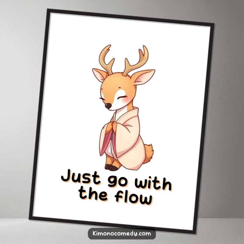 Free Printable Wall Art: A serene deer wearing a delicate silk kimono gracefully bows with peaceful elegance.