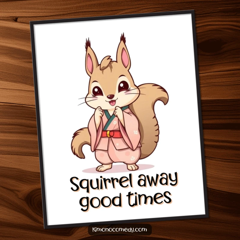 Funny Free Printable Wall Art: Kawaii squirrel in a stylish kimono striking a memorable, fashionable pose.