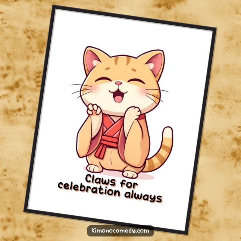 Funny Free Printable Wall Art of a Kawaii cat in a silk kimono clapping its paws with unbridled enthusiasm and delight.