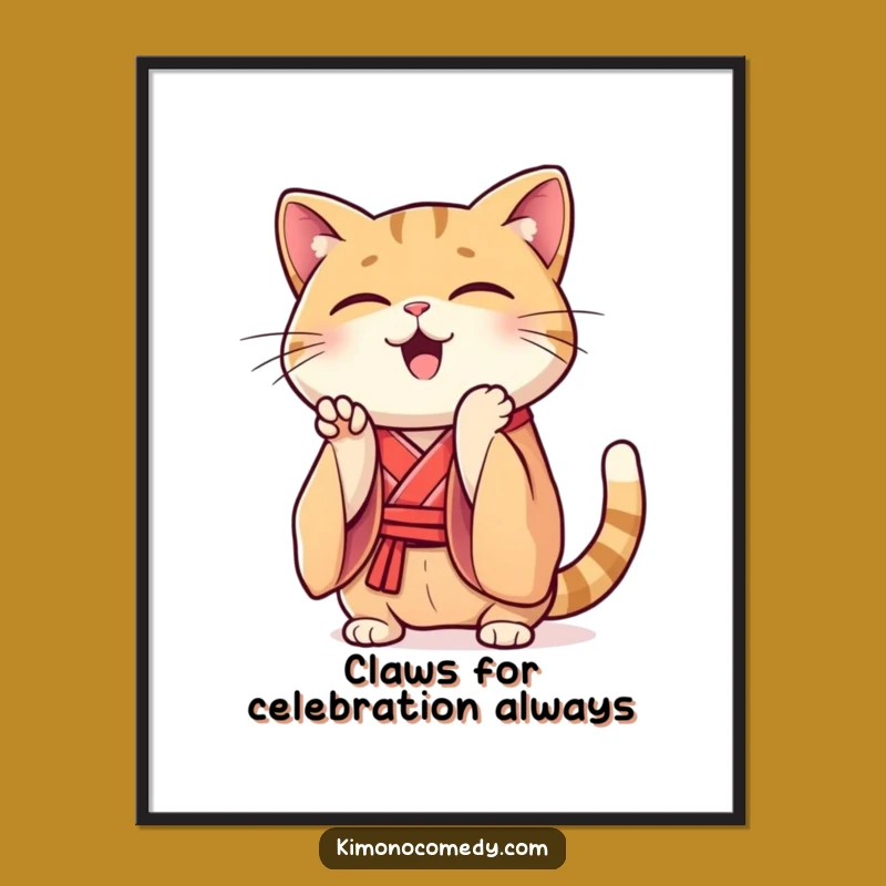 Funny Free Printable Kawaii Cat Art: Clapping Kimono Downloadable Wall Decor