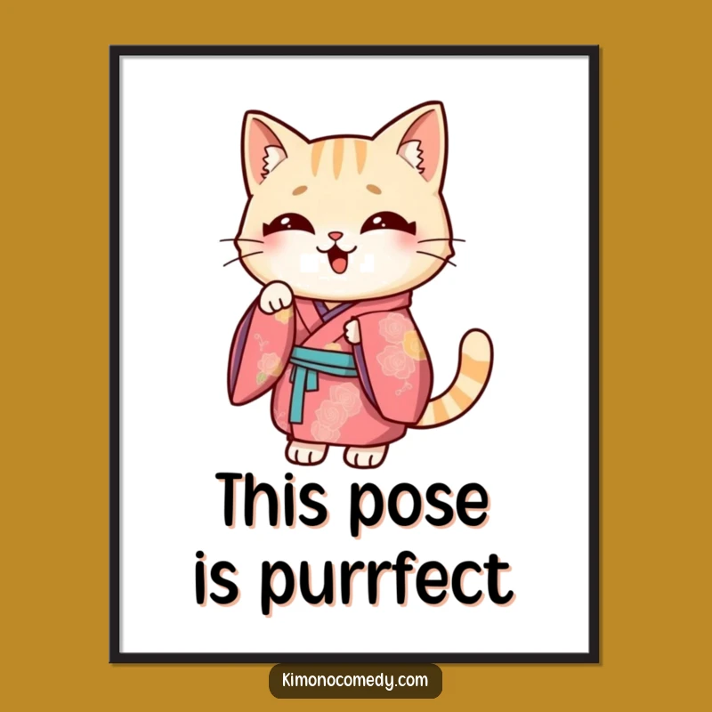 Funny Free Printable Kawaii Cat Art: Kimono Pose Downloadable Wall Decor