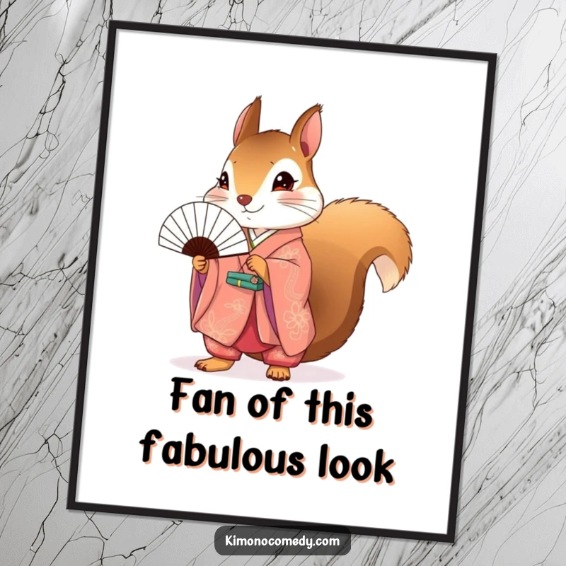 Funny Free Printable Wall Art: A quirky squirrel adorned in a bright kimono, holding a tiny fan, brings unique charm to any room.