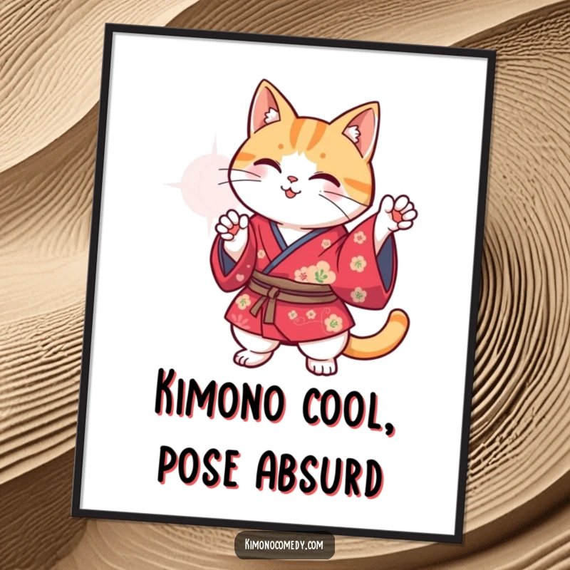 Funny Free Printable Wall Art: A Kawaii cat in a striking kimono strikes a hilarious, unexpected pose, bringing joy.