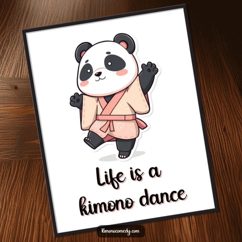 Funny Free Printable Panda Kimono Wall Art: Adorable panda wearing a vibrant kimono, striking a dynamic, playful pose with one leg raised.