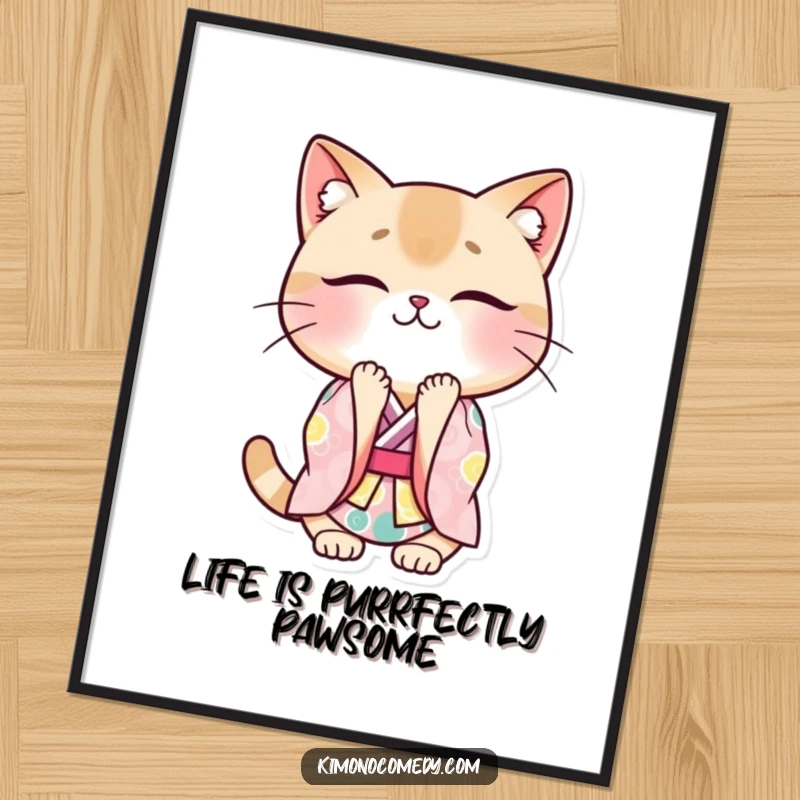 Funny Free Printable Wall Art: Kawaii cat in a detailed kimono, bowing gracefully with a gentle, contented smile.