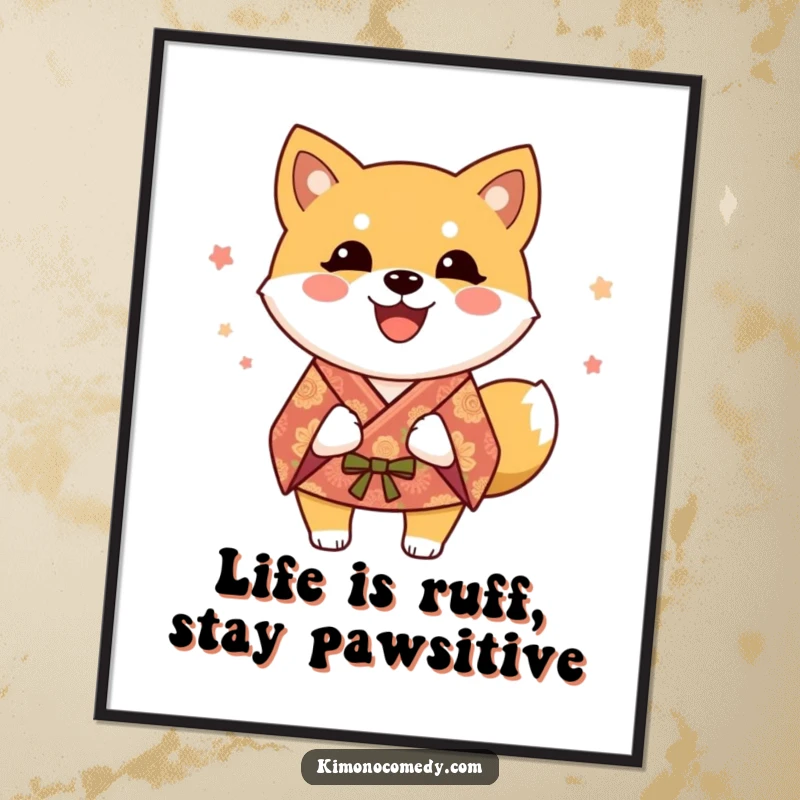 Funny Free Printable Wall Art: A Shiba Inu dog in a festive kimono joyfully wagging its tail, adding cheer.