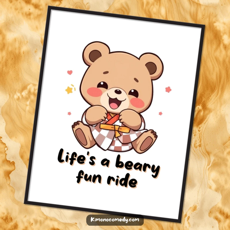 Funny Free Printable Wall Art: A joyful kawaii bear in a kimono tumbles with pure delight.