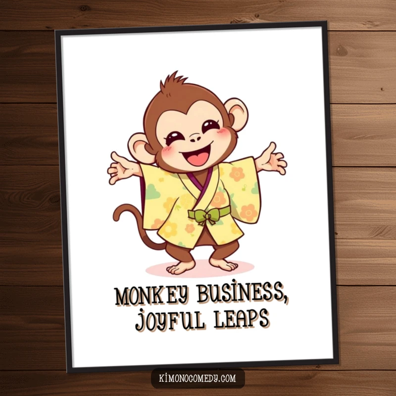 Funny Free Printable Wall Art: A joyful monkey in a bright kimono is captured mid-air doing a silly flip.