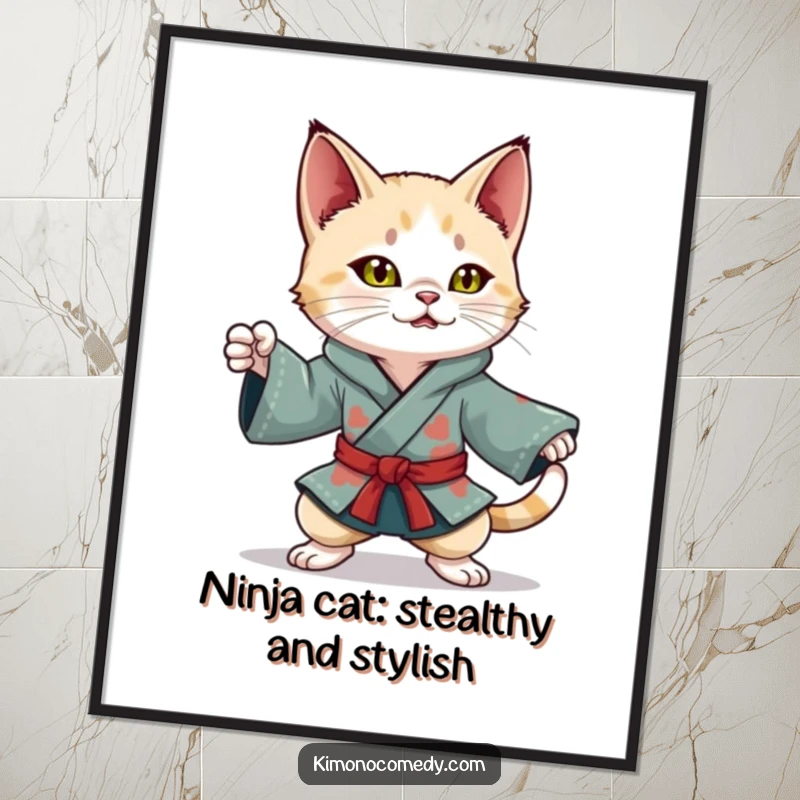 Free Printable Wall Art: Playful kawaii cat in a colorful kimono striking a dynamic and impressive ninja pose.